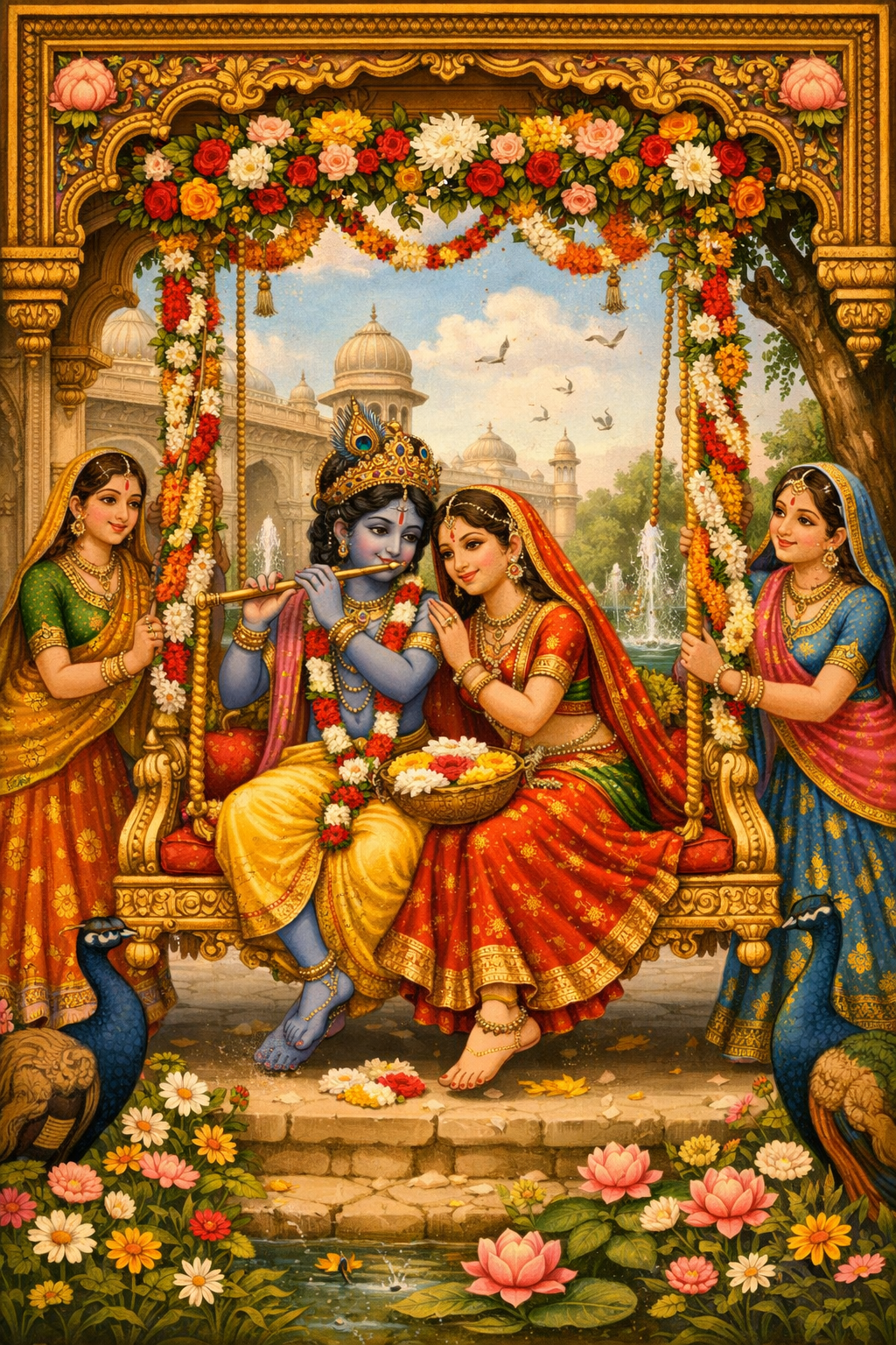 Radha Krishna on ornate golden swing in palace courtyard with gopis and Mughal miniature style